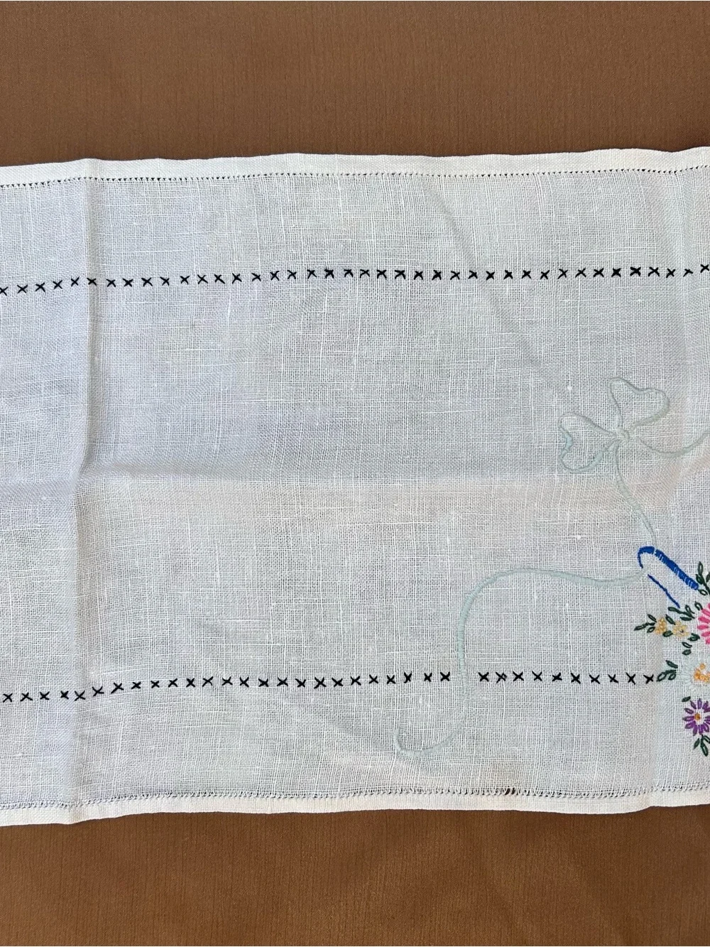 Vintage Hand-embroidered Runner Basket Floral Cross Stitch 40